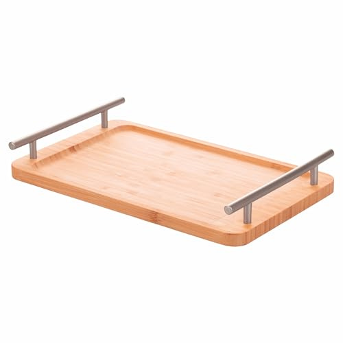 Bandeja Rectangular de bambú, 33 x 20 cm, Asas Plateadas, Natural