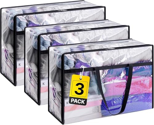 Zuvo Laundry Storage Bags – Pack of 3, XL Waterproof Clothes Organiser with Reinforced Handles & Heavy-Duty Zip – Ideal for Bedding, Laundry & Packing (46x23x38 cm)