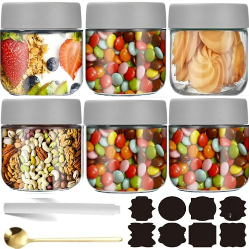CNKHDZ 6 Stück 300ml Overnight Oats Gläser Grau mit Deckel, Wiederverwendbare Meal Prep & Einmachgläser, Mason Jars mit Löffel und Etiketten für Marmelade, Einlegen & Lebensmittelaufbewahrung
