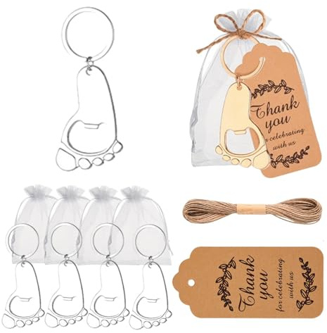 Juego de 50 abrebotellas de llaves, regalos de boda para invitados a granel con etiquetas de agradecimiento y bolsas de organza para regalos de fiesta, decoración de baby shower, patas plateadas