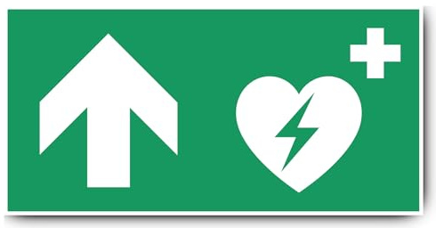 Aufkleber: 250x500 mm, 1 Stück - Automatisierter Externer Defibrillator (AED) - Kombination mit Pfeil geradeaus/aufwärts - Rettungszeichen - E010 - grün/weiß - DIN EN ISO 7010 / ASR A1.3