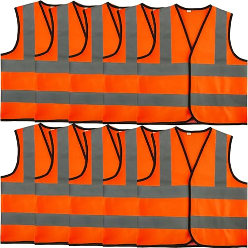 10 Pack Kids Hi Vis Vests with Reflective Strips Child High Vis Vest Bulk Children Hi Visibility Safety Vest for Girls Boys Outdoor Activities, Orange (M, 7-9 years(120-130 cm))