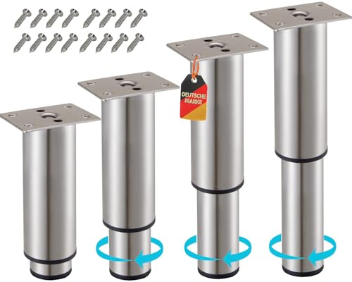 Stahlia Möbelfüße verstellbar Tischbeine Metall Edelstahl Optik 180-330mm (4er Set) Ø38mm Füße für Möbel Möbelerhöhung Schrankfüsse Sofa Füße Möbelbeine Bettfüße
