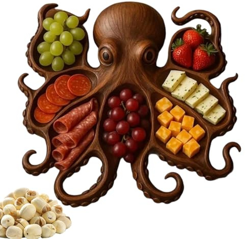 Uhngw Plato De Charcutería De Pulpo, Bandeja De Madera De Diseño De Pulpo Único, Bandeja De Porción Náutica De Madera para Carne De Queso Fruta, Regalo para Amantes Y Artistas De Mariscos