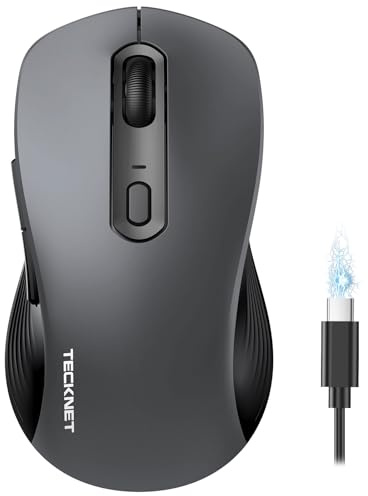 TECKNET Bluetooth Mouse, Wireless Mouse Rechargeable Tri-Mode Bluetooth 5.0/3.0+2.4G for Laptop, Silent 4800DPI PC Computer Mice with 6 Adjustable Levels for Windows, Mac, Linux, Chrome, Gray