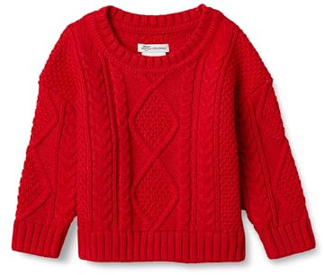 Amazon Essentials x Sofia Grainge Pull à Col Rond et Torsades Garçon, Rouge, 4 ans