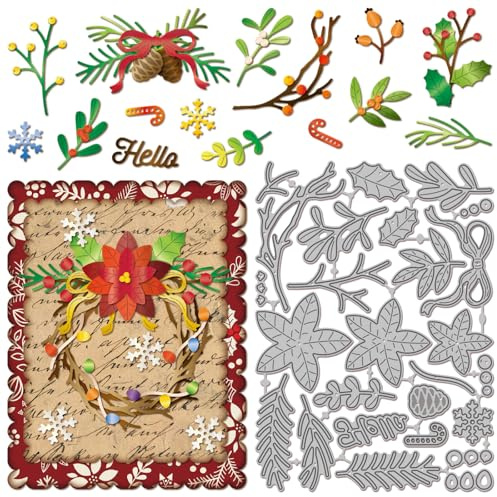 GLOBLELAND Stanzformen Für Winterpflanzen Metall Weihnachtskranz Stanzungen Stechpalmen Tannenzapfen Stanz Und Prägevorlagen Für Scrapbooking Basteln Papierkarten