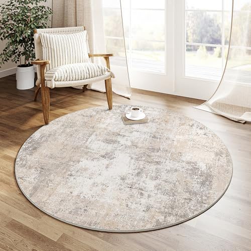 HUGEAR Beige Grau Teppich Rund 120cm Waschbarer | Waschbarer Modern Abstrakter Runder Teppich, Rutschfest, Kurzflorig, Weich, für Wohnzimmer, Schlafzimmer, Esszimmer, Büro