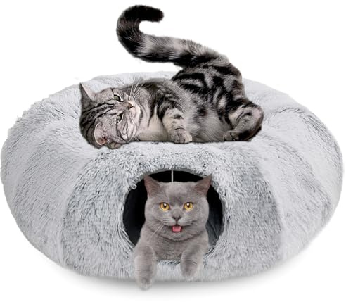 tunnel per gatti con letto, tunnel per gatti grandi, in peluche, pieghevole, 80 x 80 x 26 cm, per gatti di piccola taglia media e grande (bianco e nero)