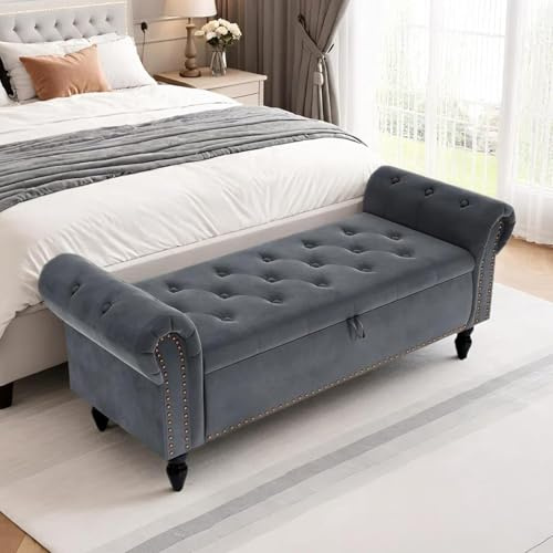 Clevich Ottoman Storage Bench, Velvet End of Bed Storage Box with Lid, Sturdy Wood Legs Footrest, 168KG Load Capacity, Sofa Bench for Bedroom/Living Room, 133x53x46cm (Grey)
