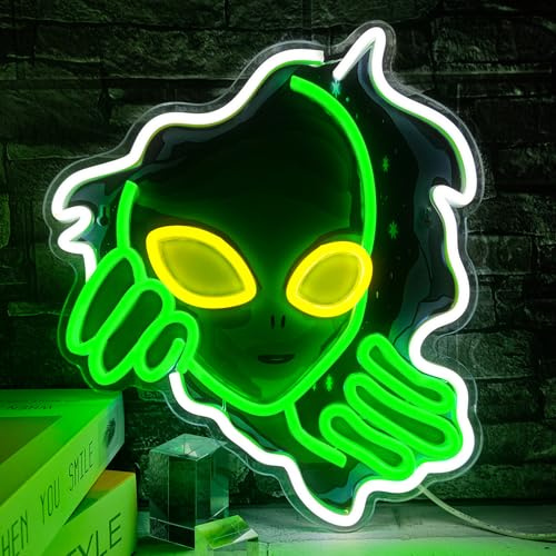 Flixyticy Enseignes lumineuses néon Alien, enseigne lumineuse suspendue à LED alimentée par USB pour chambre de garçon, décoration murale pour salle de jeux, fête, cadeau d'anniversaire (Alien)