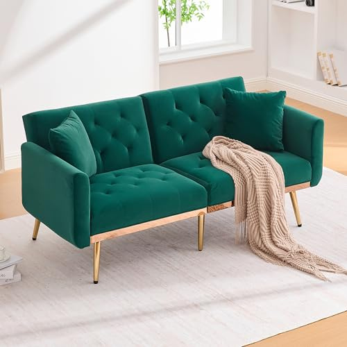 Soweiz Sofá de dos plazas, con cojín, sofá de terciopelo con respaldo ajustable, cómodo sofá cama con cojín acolchado y patas de metal para espacios pequeños (esmeralda)