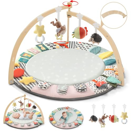 Faltbare Spielbogen Baby Holz, 6 Entwicklungszonen, 7 Interaktive Sensorik Spielzeug, Spielmatte zur Motorik & Sinnesförderung, Baby Play Mat & Gym für Babyparty Geschenk