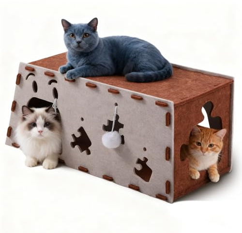 Katzenhöhle Filz,Katzenhaus Indoor mit Hängebällen an Beiden Seiten,Trapezförmiges Groß Katzenbett Höhle für Katzen bis 7 kg, Katzentunnel zum Schlafen,Spielen und Kratzen,70 x 32 x 30 cm