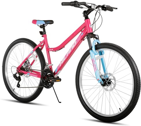 HILAND Mountain Bike per donne da 26 pollici, con freni a disco anteriori e posteriori, 18 velocità e forcella sospensione, e design a basso traverso, colore rosa