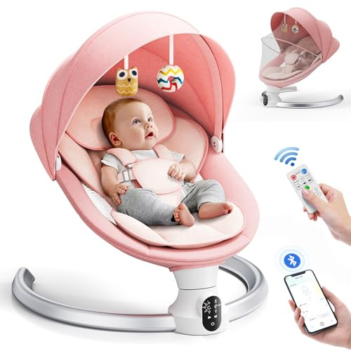 Helangel Babywippe, Babyschaukel Elektrisch mit Kabel und mit Bluetooth, Elektronisch Baby Schaukelsitz Babywippe und Liegestuhl für Kinder bis 9 kg, 3 Timer-Modi, Rosa
