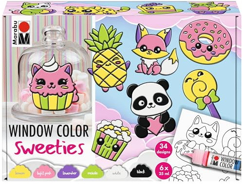 Marabu Window Color fun & fancy SWEETIES, Fensterfarbe auf Wasserbasis, 6 Stifte mit je 25 ml Farbe, Malvorlage A3 und Malfolie A4, 0406000000122