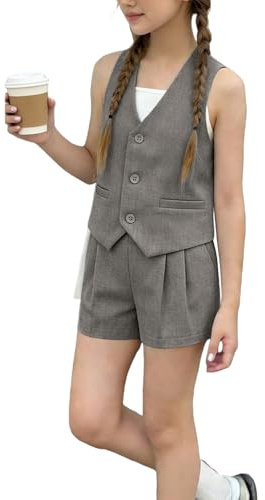 Flodxo Girl Short Clothes Sets Casual Smart Formal Blazer Set V Neck Button Up Waistcoat Vest and Shorts Sets Elegant Dressy Wedding School 2 Piece Outfits Festival Prom Clothes