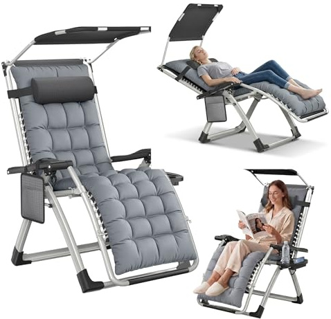 UISEBRT Tumbona plegable con toldo, tumbona de relajación ajustable 90-170° con cojín para el cuello, soporte para bebidas y bolsillo lateral, soporta hasta 160 kg, para jardín, balcón y camping