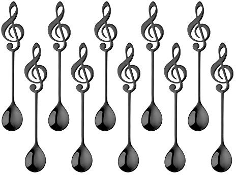 Bisda Acero Inoxidable Negro Cuchara de Huevo Juego de 10, Cuchara de Símbolo de Música Cuchara de Mocca Mini Cuchara de Torta Cucharadita