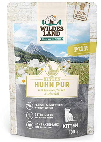 WILDES LAND – Huhn Kitten | Nassfutter mit extra hohem Fleischanteil und natürlichen Zutaten für heranwachsende Katzen. Getreidefreies Alleinfutter ohne Zusatzstoffe in der Dose | 24x100g Huhn