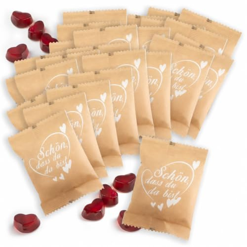 FOOD crew Fruchtgummi Herzen „Schön, dass du da bist“ 25 x 10 g - Herz Gummibärchen - Als Gastgeschenke Hochzeit Süßigkeiten - Schön dass du da bist Gastgeschenk - Hochzeit Gastgeschenk | Herz Gummibärchen - als Gastgeschenke Hochzeit Süßigkeiten - Schön dass du da bist Gastgeschenk - Hochzeit Gastgeschenk