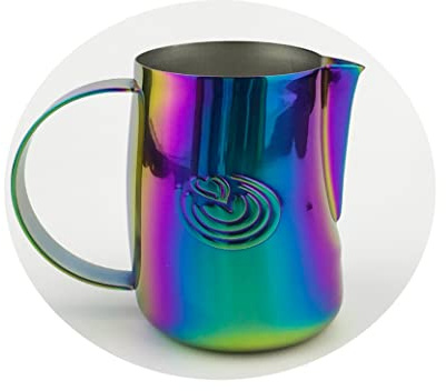 KuGuo 500ml Milk Frothing Pitcher for Latte Art Espresso, Mirror Multicolor | Curved body design with precision spout provides smooth pouring control for baristas, cafes and home coffee lovers