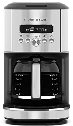 riviera&bar Cafetière Filtre Programmable - 1,8L avec Écran LCD - Départ Différé 24h - Maintien au Chaud - Stop-Gouttes, Alerte Détartrage, Sélecteur d'Arôme, Douchettes Multi-Sorties - 950W - Inox