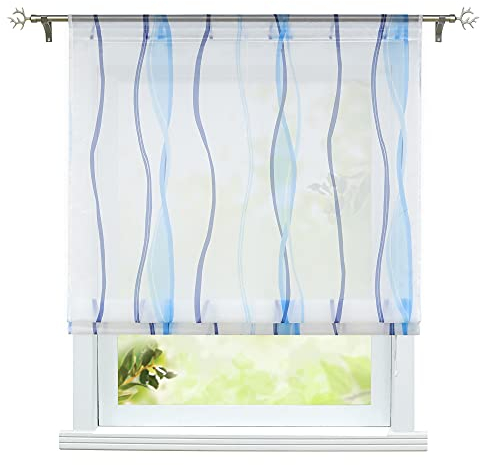 ESLIR Raffrollo Wohnzimmer Raffgardine mit Tunnelzug Gardinen Transparent Bändchenrollo Modern Vorhänge Mit Wellen-Druck Blau BxH 80x140cm 1 Stück