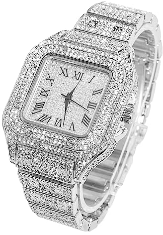 Halukakah Diamant Golduhr Iced Out, Männer Platin Weißgold Plattiert Quarz Armband 24cm Quadratisch Zifferblatt, Kommt mit Geschenkbox