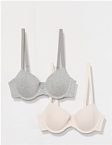 Amazon Essentials Women's Underwire Lightly Padded Demi Cup Microfibre Bra, Pack of 2, Grey Heather/Pearl, 34C