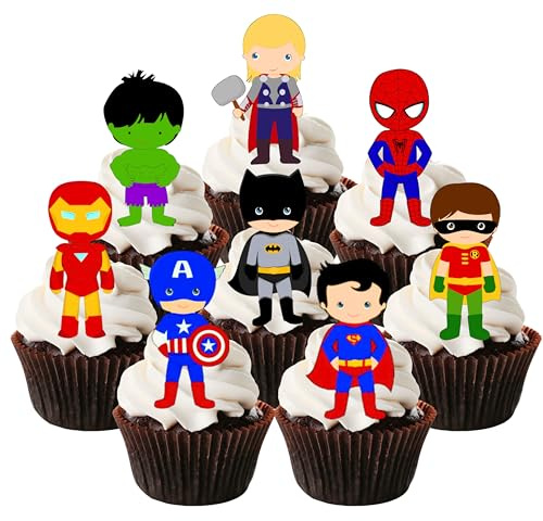 Essbare Cupcake-Topper mit Comicbuch-Helden, lustige, superbetriebene Oblaten-Kuchendekorationen, Thema 1, Action-Figuren-Designs für Geburtstagsfeiern und Themen-Events, 5 cm (vorgeschnitten, 12