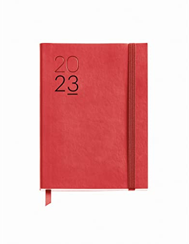 Miquelrius - Jahresplaner 2023 - Wochenansicht Horizontal - Journalgröße 122 x 168 mm - Flexibler Kunstlederbezug genäht - Spanisch, Englisch und Portugiesisch - Rot