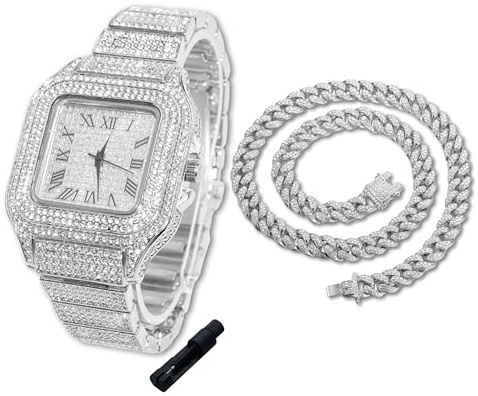 Halukakah Diamonds Watch Iced Out for Boy Teens Kids - Platinum Plated,40mm Square Dial,Japanese Quartz - 8 Length - Comes with Cuban Chain 16,with Watch Adjuster Tool - for Birthday,Parties
