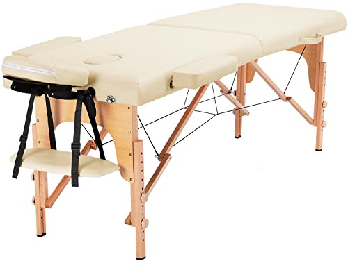 Abician Table de Massage Pliante en Bois et Similicuir Lit de Massage de 2 Sections Réglable en Hauteur avec Housse de Transport Têtière Accoudoirs Hamac 213 × 82 × 64-85,5 cm Crème