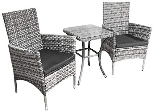 Light Grey Rattan Bistro Set Garden Furniture 3 PCs Patio Weave Companion Outdoor Chairs Table Glass Top Set Conservatory Balcony 2 Seater Grey Cushions Washable Covers UV Protection | FREE Rain Cover