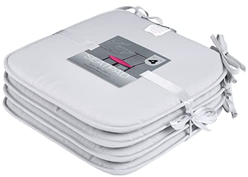 GC GAVENO CAVAILIA Pack of 4 Chair Pads Office Garden Chair 38X38 Cm | Indoor Outdoor, Removable Cover Square Seat Pads For Dining Chairs Patio Kitchen Cushion With Ties, Silver
