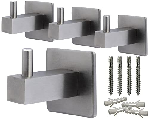Neuhall 4 x Wandhaken Kleiderhaken Wand Handtuchhaken echt Edelstahl gebürstet nicht rostend Garderobenhaken Badezimmer Handtuchhalter für Wand-Montage inkl. Befestigungsset | Classic-quad Länge: 40mm