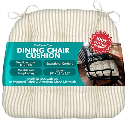 Barnett Home Decor Ticking Stripe Natural Dining Chair Pad with Ties - 19 x 19 Size Large Chair Cushion - Latex Foam Fill - Machine Washable, Reversible 100% Cotton, Made in USA