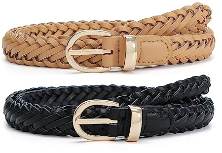 Pettata 2 Pack Thin Braided Belts for Women Classic Waist Belt Skinny Woven Strap for Jeans Pants Dress Black Beige Medium