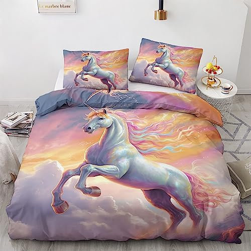 GEDAEUBA Einhorn Bettwäsche 155x220 Sommer - Fantasie Bettbezug 155x220 3 teilig, Wendebettwäsche und Kissenbezug 80x80, Weiche & Atmungsaktive Mikrofaser Bettwäsche-Sets mit Reißverschluss