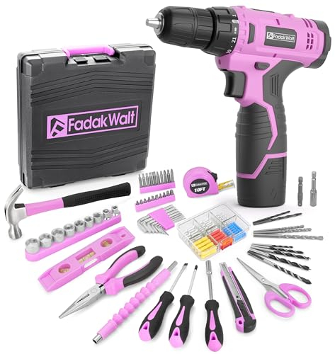 FADAKWALT 118-Piece Pink 12V Cordless Drill Driver Set - Electric Drill Driver & Household Tool Kit with DIY Cordless Power Screwdriver, LED, and 180 inch-lbs of Torque for Home Maintenance