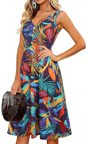 II ININ Women's Summer V Neck Sleeveless Casual Button Down Tank Dress Midi Floral Beach Party Sundress with Pockets