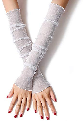 SePkus Blumenschleifen-Spitzenhandschuhe für Damen, Braut- und Hochzeitshandschuhe, Party-Kostüme, Sonnenschutzhandschuhe, Armschutz (Farbe: Metallic) (Weiß)