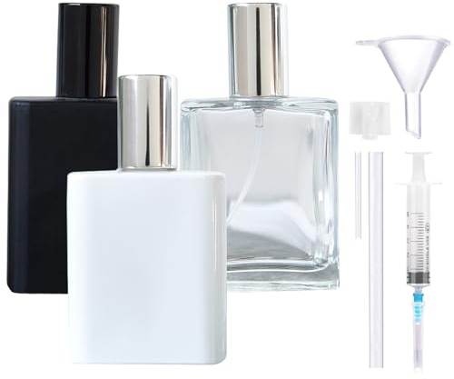 XUSSMM 3 Stücke Parfümzerstäuber Nachfüllbar, 30ml Schwarzer, Weißer und Transparenter Quadratischer Parfümflakon, Portable Sprühflasche mit Praktischem Zubehör für Parfüm, Reisen, Kosmetik (30ml)