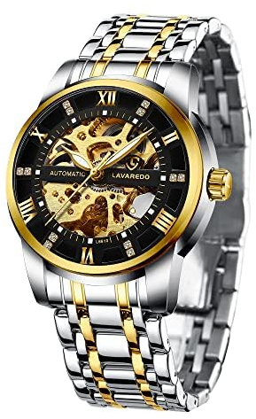 aswan watch Automatik Uhr Herren-Skelett Glasboden Römische Zahlen Diamant Zifferblatt-Mechanische Armbanduhren mit Edelstahlarmband