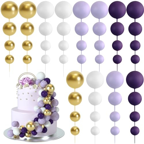 BOUBONI Pack of 48 Cake Decoration Balls Cake Toppers Cake Balls Decorations Balloon Cupcake Cake Topper for Birthday Party Wedding Baby Shower Cake Decoration (Purple, Light Purple, White, Gold)
