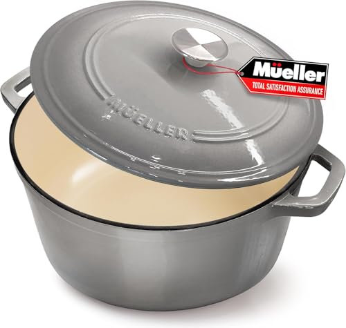 MUELLER HOME 4.5 QT Enameled Cast Iron Dutch Oven, Heavy-Duty Casserole Dish and Braiser Pan with Lid and Stainless Knob, Oven-Safe up to 500° F & Across All Cooktops, Grey