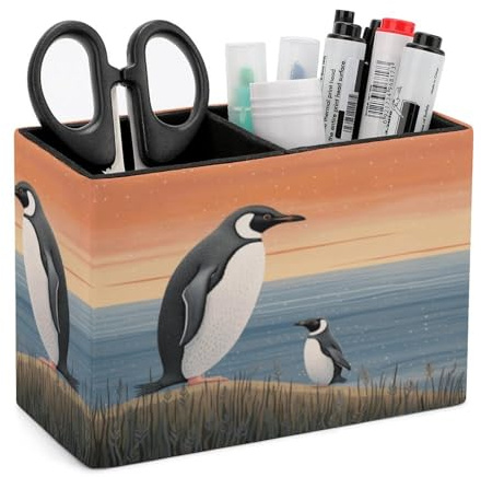 HKMNTGD Stifthalter für den Schreibtisch, handgezeichneter Pinguin, bedruckter quadratischer Leder-Stiftehalter, Doppelfächer, Schreibtisch-Organizer, Bürozubehör, Behälterbox