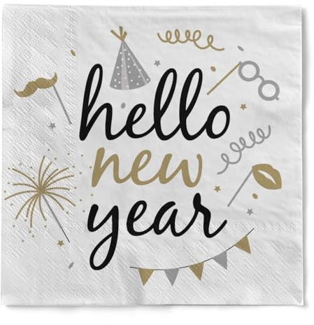 HAPPY PAPER Serviette Hello New Year Silvester aus Tissue 3-lagig, Einweg Silvesterserviette festlich, ideal für Silvester & Feiern, Papierserviette 33 x 33 cm, 20 Stück